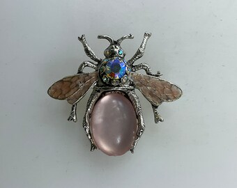 Vintage Pin Brooch Silver Toned Bee With AB Rhinestones And Pink Stone Used