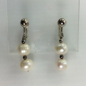 Vintage Screw Back Clip On Earrings Silver Toned With White Faux Pearls Used