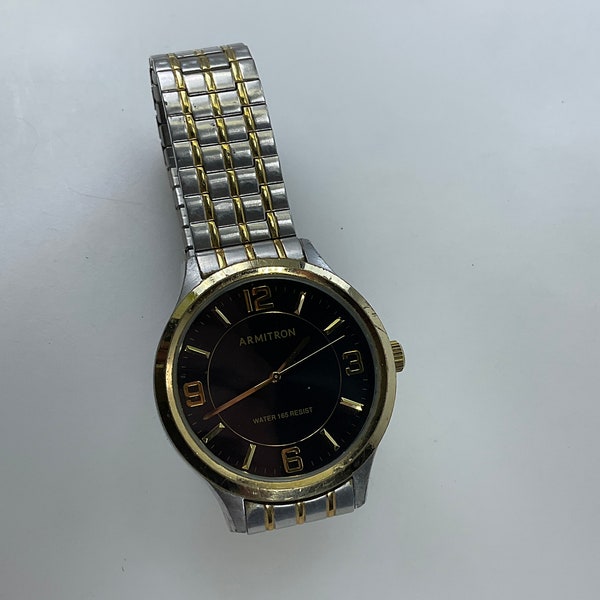 Vintage Armitron Mens Watch Gold Silver Toned Black Face Working Condition Used