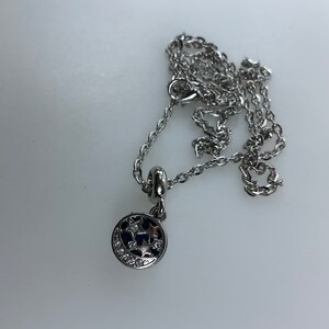Vintage 23”-24” Necklace Silver Toned Round With Crescent Stars Clear Rhinestones And Blue Enamel Used