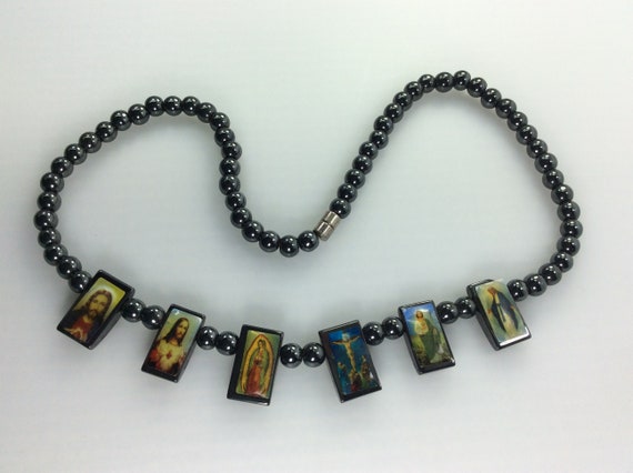 Vintage 16" Necklace Hematite Beads With Mary And… - image 1