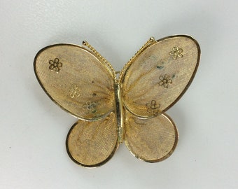 Vintage Pin Brooch Gold Filled Mesh Butterfly With Flowers Used