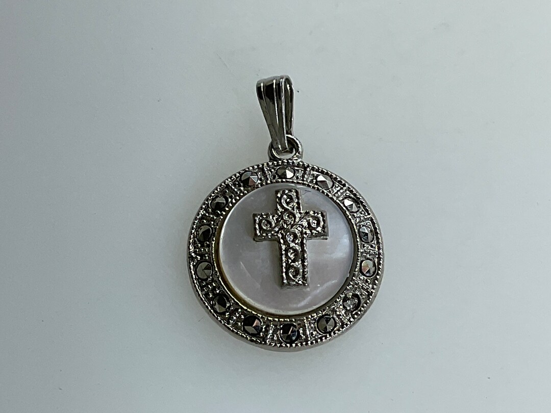 Vintage Chapel Pendant Sterling Silver 925 Round With Cross MOP and ...
