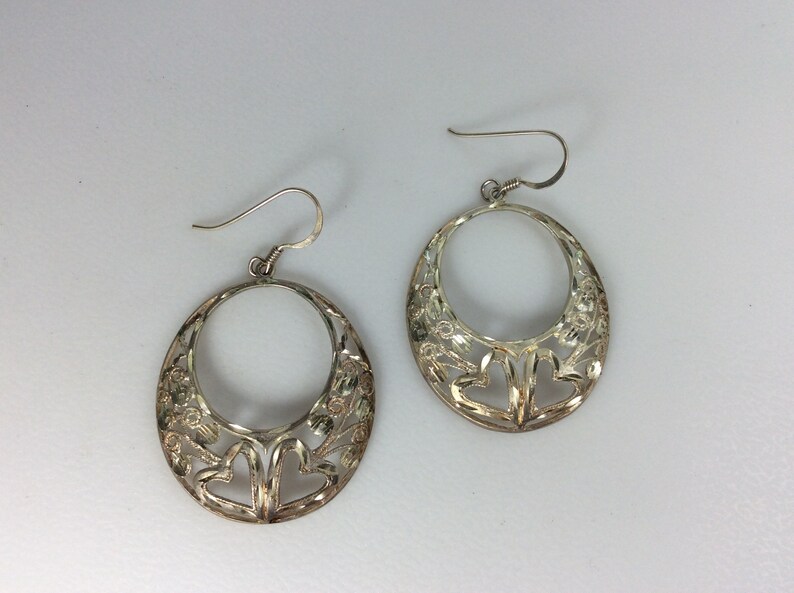 Vintage Dangle Earrings Sterling Silver 925 Diamond Cut Oval With Hearts And Floral Design Need Cleaned Used