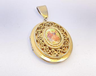 Vintage Gold Toned Locket Pendant With Scene Used