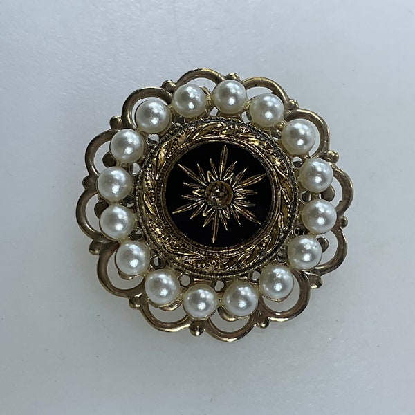 Vintage Pin Brooch Gold Toned Round With Black Stone Faux Pearls Missing Stone Used