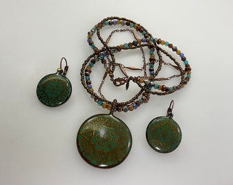Vintage 16” Necklace Lever Back Earrings Set Copper Toned 3 Strands Round Floral Designed Green Enamel Blue Brown Champagne Beads Used