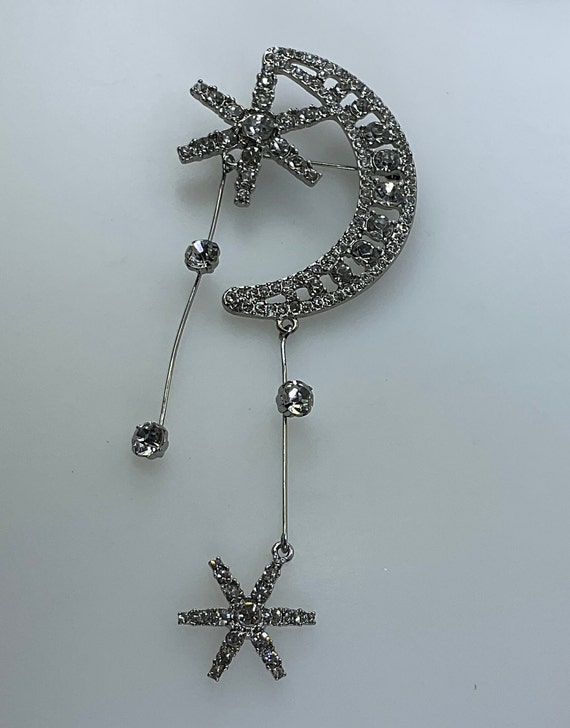 Vintage Pin Brooch Silver Toned Crescent Moon Wit… - image 1