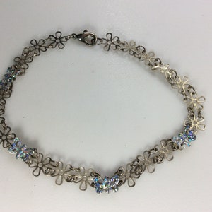 Vintage 9.5&quot; Bracelet Anklet Silver Toned With Flowers Blue Glittered Butterflies One Missing Glitter Used