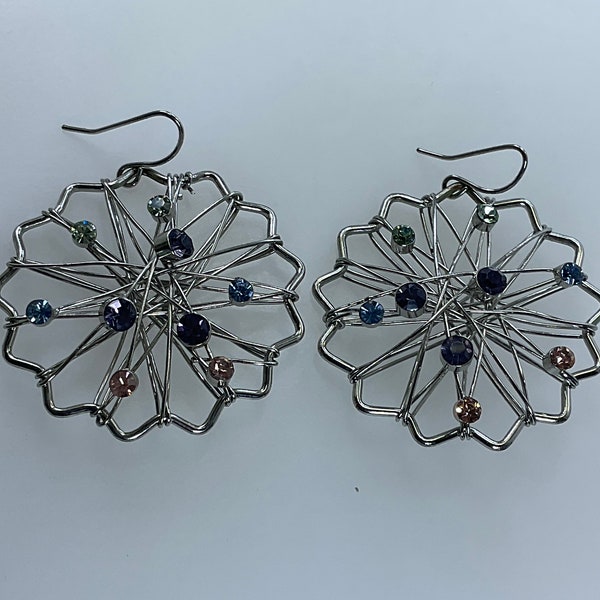 Vintage Dangle Earrings Silver Toned Wired Floral With Purple Green Blue Pink Rhinestones Used