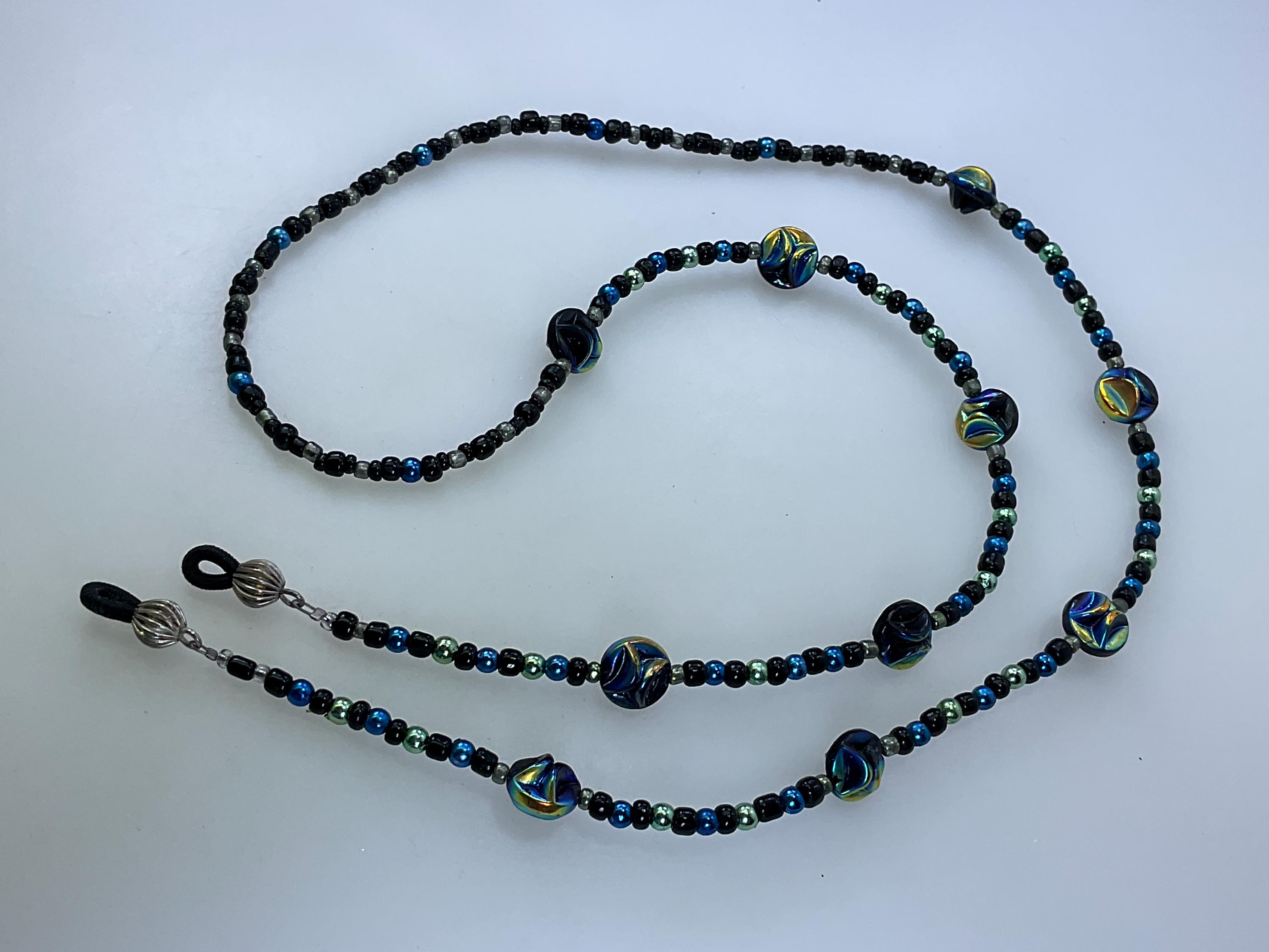 Vintage 28” Glasses Chain With Beads Black Green Blue Used  display picture 2