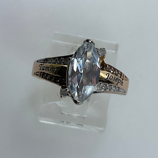 Vintage Ring Size 7.75 Sterling Silver 925 Gold Washed Marquis Clear stones Engraved Tammy Joseph My 1 And Only Love Used
