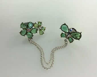 Vintage Pin Set Silver Toned Chained Butterflies And Flower With Green Stones Used