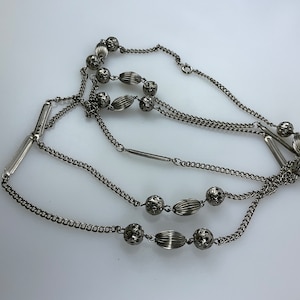 Vintage 43” Necklace Silver Toned Chain With Round And Oval Beads Used