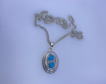 Vintage 20” Necklace Silver Toned Oval With Faux Turquoise Used