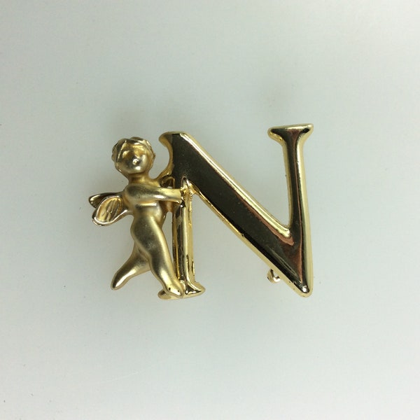 Vintage L Razza Pin Brooch Gold Toned Letter N With Angel Used