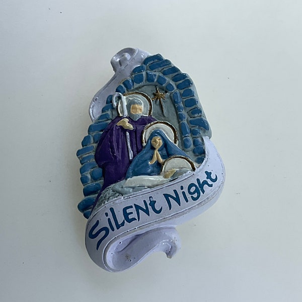 Vintage Pin Brooch Nativity With Silent Night Blue Purple White Used