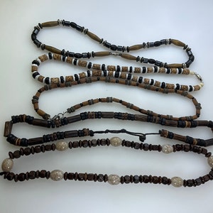 Vintage Lot Of 5 Necklaces Beaded Wooden Designs Brown Tones Used