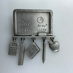 Vintage JJ Pin Brooch Pewter Toned Blackboard With Teacher Themed Dangles Used