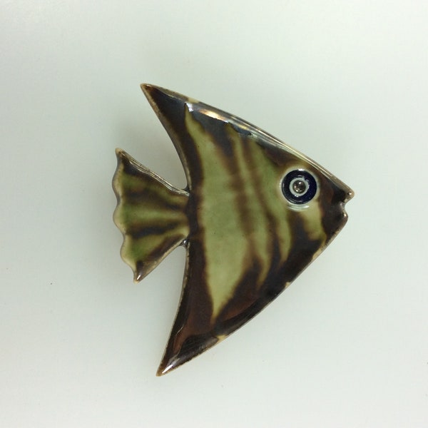 Vintage Pin Brooch Ceramic Angel Fish Green And Brown Used