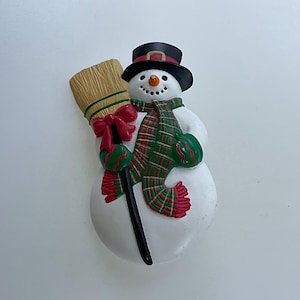 Vintage Hallmark Pin Brooch Snowman With Hat Scarf And Broom White Red Green Black Used