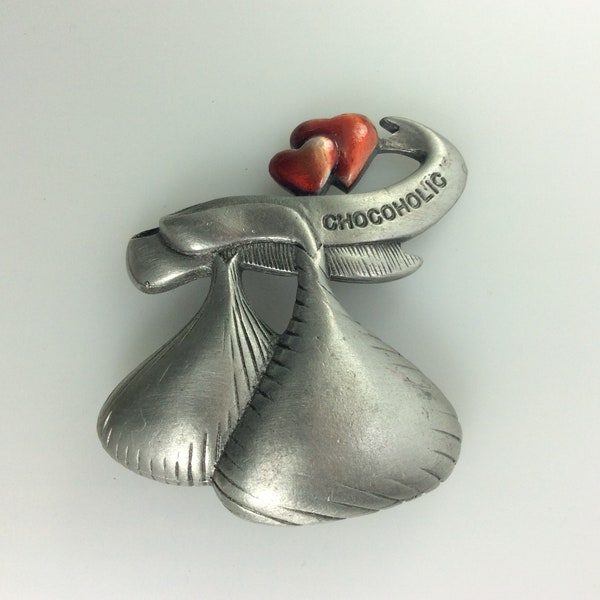 Vintage Spoontiques Pin Brooch Pewter Candy Kisses And Hearts With Chocoholic And Red Enamel Used