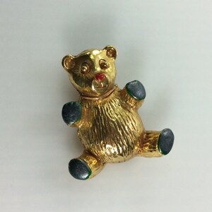 Vintage Pin Brooch Gold Toned Teddy Bear With Red Blue Enamel Used