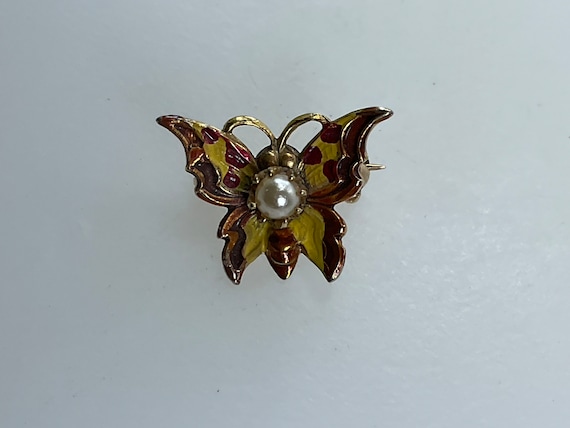 Vintage Pin Brooch Gold Toned Butterfly With Red … - image 1
