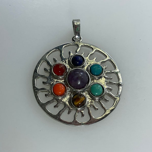 Vintage Pendant Silver Toned Round With Turquoise Carnelian Lapis Amethyst Tiger Eye Coral Black Stones Used