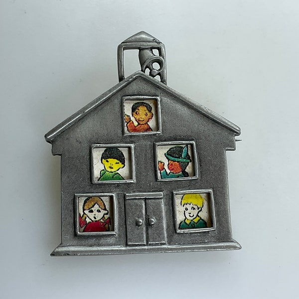 Vintage L Razza Pin Brooch Pewter Schoolhouse Picture Frame Design Used