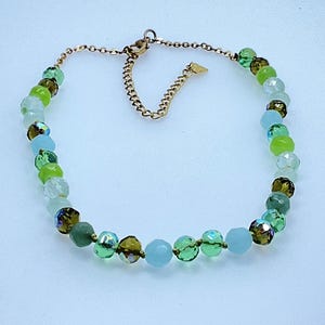 Vintage 14”-17” Gold Toned Necklace With Green,Blue And Brown Beads Used