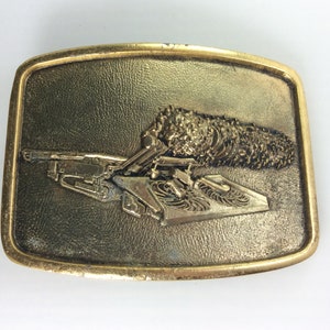 Vintage Belt Buckle Gold Toned Rectangle With Heavy Equipment Machine Used