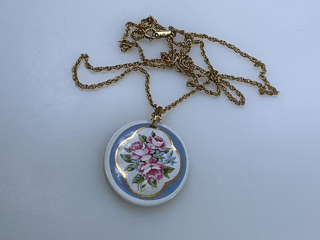 Vintage 26” Necklace Gold Toned Round Ceramic With Roses White Pink ...