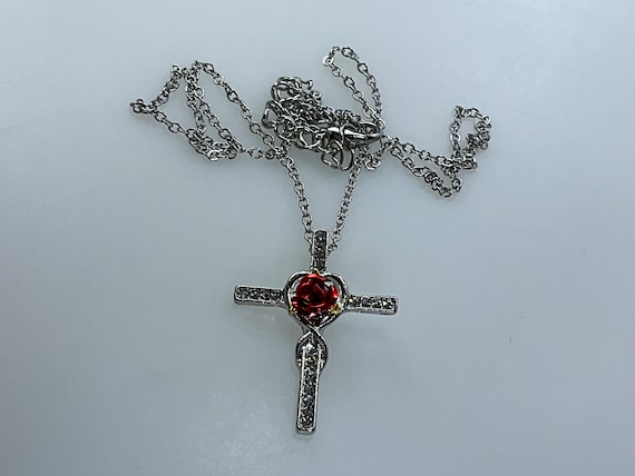 Vintage 18”-20” Necklace Silver Toned Cross With … - image 1