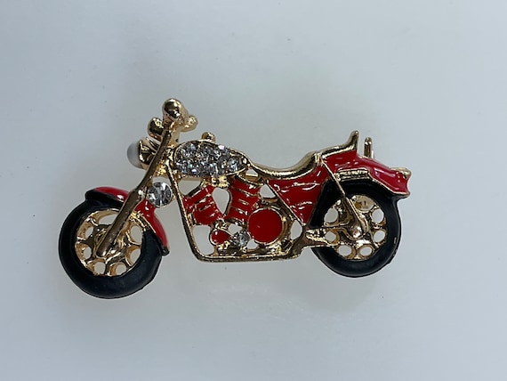 Vintage Pin Brooch Gold Toned Motorcycle Red Blac… - image 1