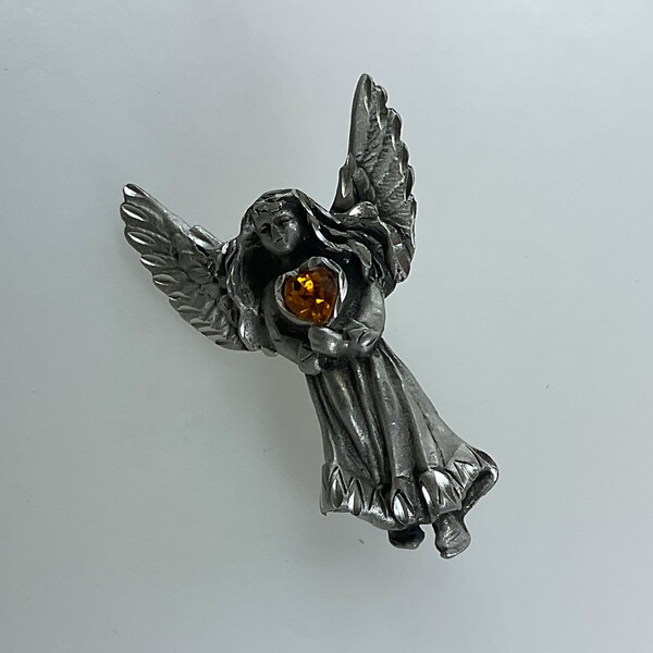 Vintage Pin Brooch Pewter Diamond Cut Angel With Orange Heart Rhinestone Used