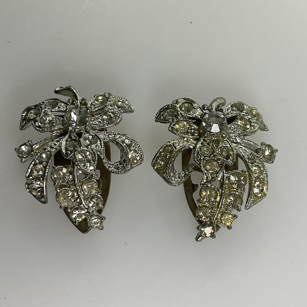 Vintage Shoe Clips Silver Toned Bow Design With Clear Rhinestones Used