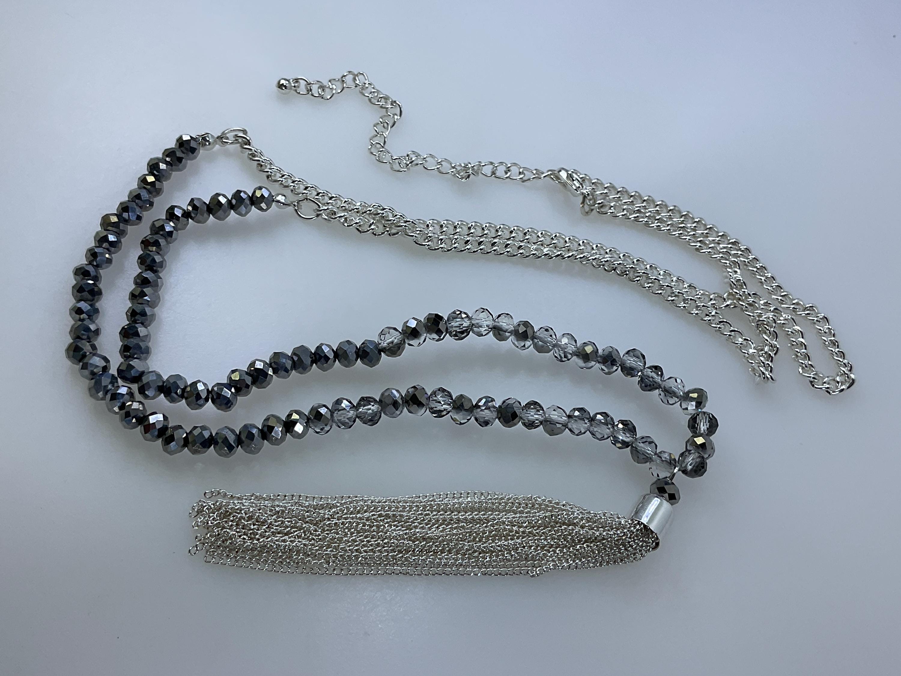 Vintage 32”-36” Necklace Silver Toned Chain With Silver-Gray Clear Beads And Tassel Used Vintage 32”-36” Necklace Silver Toned Chain With Silver-Gray Clear Beads And Tassel Used