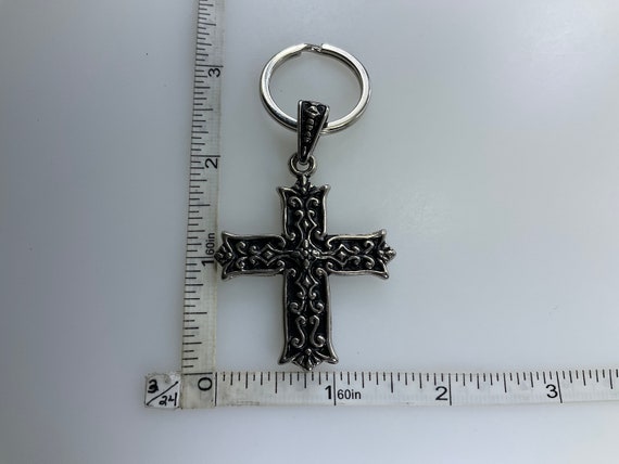 Vintage Keychain Silver Toned Floral Cross With B… - image 2