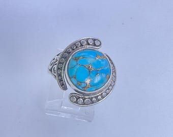 Vintage Ring Size 8.25 Sterling Silver 925 Round Turquoise Needs-Cleaned Used