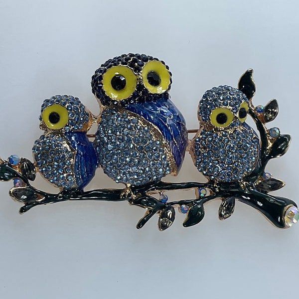 Vintage Pin Brooch Gold Toned Owls On Branch AB Black Rhinestones Blue Yellow Enamel Used
