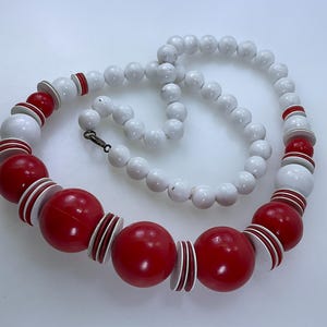 Vintage 24” Necklace With White And Red Plastic Beads Used