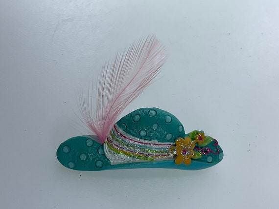 Vintage Pin Brooch Hat With Flowers Ribbon and Feather Blue 