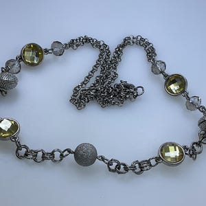 Vintage 24” Necklace With Silver Toned Clear Glass Beads Yellow Stones Used