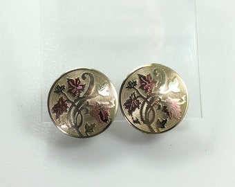 Vintage Clip On Earrings Gold Toned Textured Round Design With Leaves Vines Pink Green Used