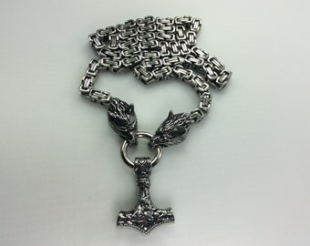 Vintage 26" Necklace Stainless Steel Square Links Chain With Wolf Heads And Thor's Hammer Design Heavy New Old Stock