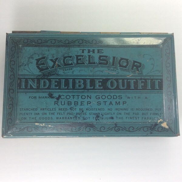 Vintage Excelsior Indelible Outfit Rubber Stamp Tin Blue Black Dried Out Used