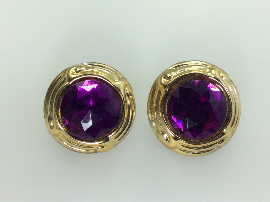 Vintage Stud Earrings Gold Toned Round With Purple Rhinestone Etsy