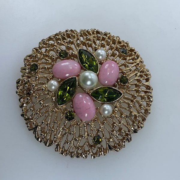 Vintage Sarah Coventry Pin Brooch Gold Toned Round Floral With Pink Green Rhinestones And Faux Pearls Used