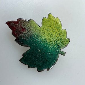 Vintage Pin Brooch Copper Leaf With Red And Green Enamel Used